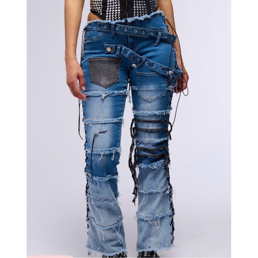 Distressed Blue Lace-Up Women's Jeans